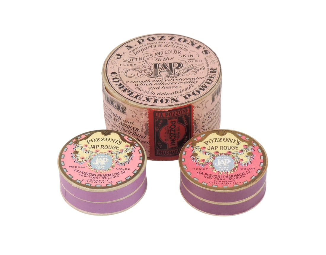 Drug Store Cosmetics (3), Pozzoni's Jap Rouge (2), J.A. Pozzoni Pharmacal Co., New York, St. Louis,: Drug Store Cosmetics (3), Pozzoni's Jap Rouge (2), J.A. Pozzoni Pharmacal Co., New York, St. Louis, Formerly Chicago, Ill-USA, Trade Mark 1874 JAP, cardboard, new old stock w/orig contents & J.A. Pozz