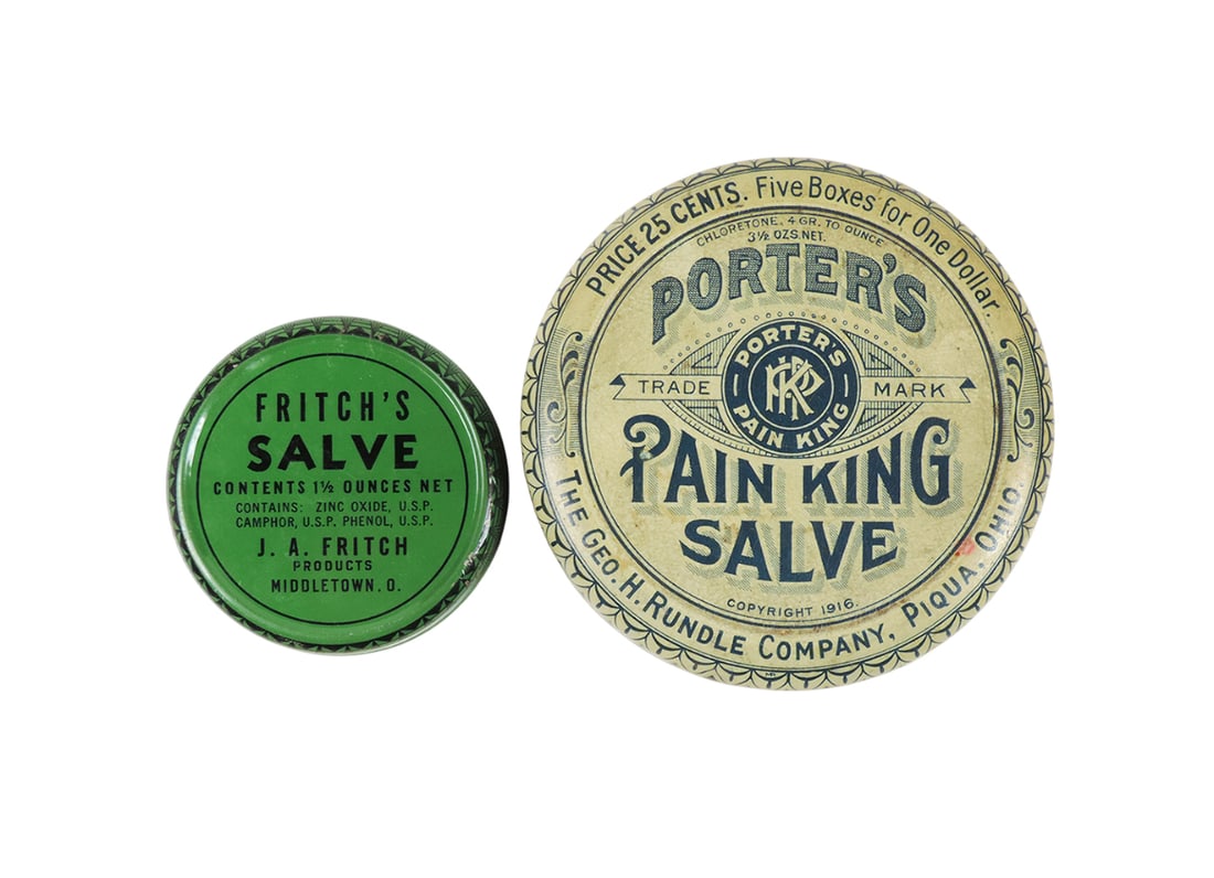 Drug Store Tins (2), Fritch's Salve, contents 1 1/2 oz, J.A. Fritch Products Middletown, O., lith... (1 of 2)