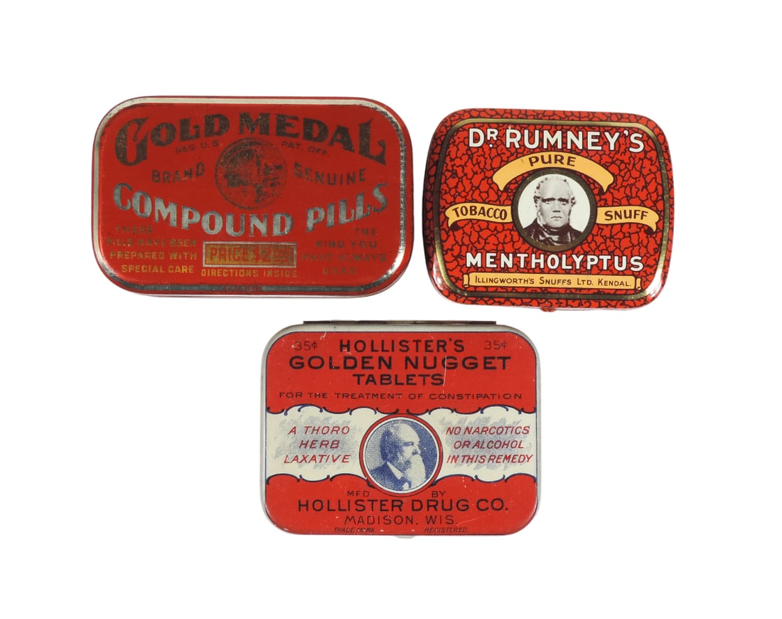 Drug Store Tins (3), Dr. Rumney's Pure Tobacco Snuff, Mentholyptus, Illingworth's Snuggs Ltd Kend...: Drug Store Tins (3), Dr. Rumney's Pure Tobacco Snuff, Mentholyptus, Illingworth's Snuggs Ltd Kendal, England, litho on tin, no product, Hollister's Golden Nugget Tablets for the Treatment Of Constipat