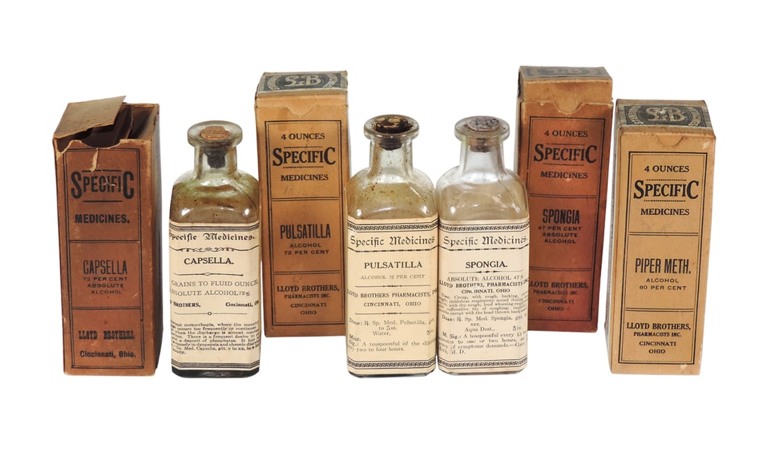 Drug Store Bottles (4), Specific Medicines from Lloyd Brothers, Pharmacists, Inc., c.1880s, 4 oz ...: Drug Store Bottles (4), Specific Medicines from Lloyd Brothers, Pharmacists, Inc., c.1880s, 4 oz glass bottles w/paper labels & cork stoppers in orig boxes for Spongia, Pulsatilla, Piper Meth. & Capse