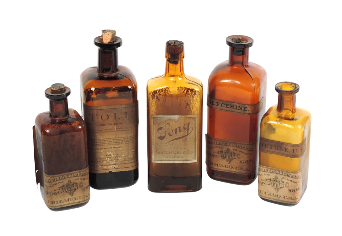 Drug Store Bottles (5), Wild Cherry Bark For Syrup, contains product, Tinct.AsafetidaUSP, Glyceri... (1 of 1)