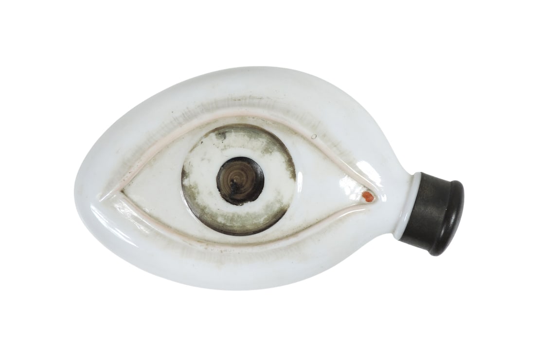 Drug Store Embossed EYE OPENER Pocket Flask, milk glass w/twist tin cap, c. late 1800s, no chips ... (1 of 2)