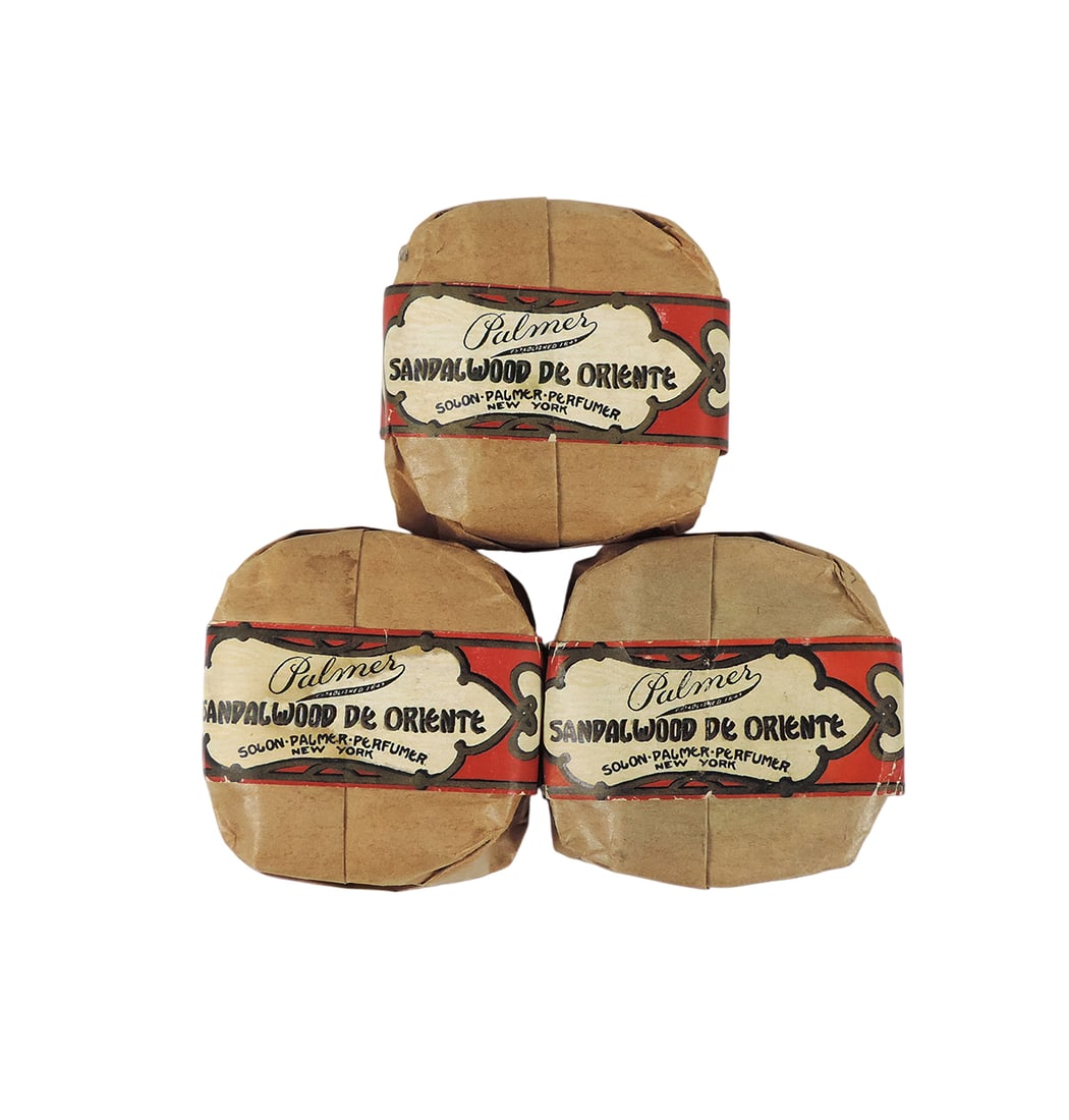 Drug Store Soap Bars (3), Palmer-Established 1847, Sandalwood De Oriente, SolonÂ·Palmer: Drug Store Soap Bars (3), Palmer-Established 1847, Sandalwood De Oriente, SolonÂ·PalmerÂ·Perfumer, New York-USA, unused/wrapped in orig packaging & sealed, c. early 1900s, Exc cond