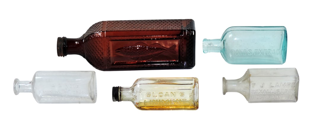 Drug Store Bottles (5), Aqua glass embossed Pond's Extract 1846, clear glass embossed A.G. Noid D... (1 of 2)