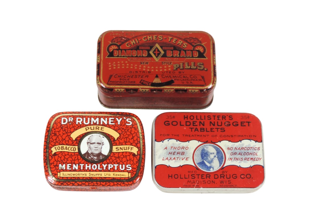 Drug Store Tins (3), Dr. Rumney's Pure Tobacco Snuff, Mentholyptus, Illingworth's Snuggs Ltd Kend...: Drug Store Tins (3), Dr. Rumney's Pure Tobacco Snuff, Mentholyptus, Illingworth's Snuggs Ltd Kendal, England, litho on tin, no product, Hollister's Golden Nugget Tablets for the Treatment Of Constipat