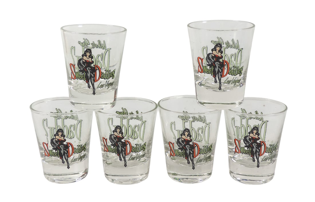 Rare Shot Glasses (6), "Who's Your Daddy?", from Sweet Daddies, Las Vegas-USA, box contains 6 unu...: Rare Shot Glasses (6), "Who's Your Daddy?", from Sweet Daddies, Las Vegas-USA, box contains 6 unused shot glasses, Exc cond, ea glass is 2.5"H x 2"W.