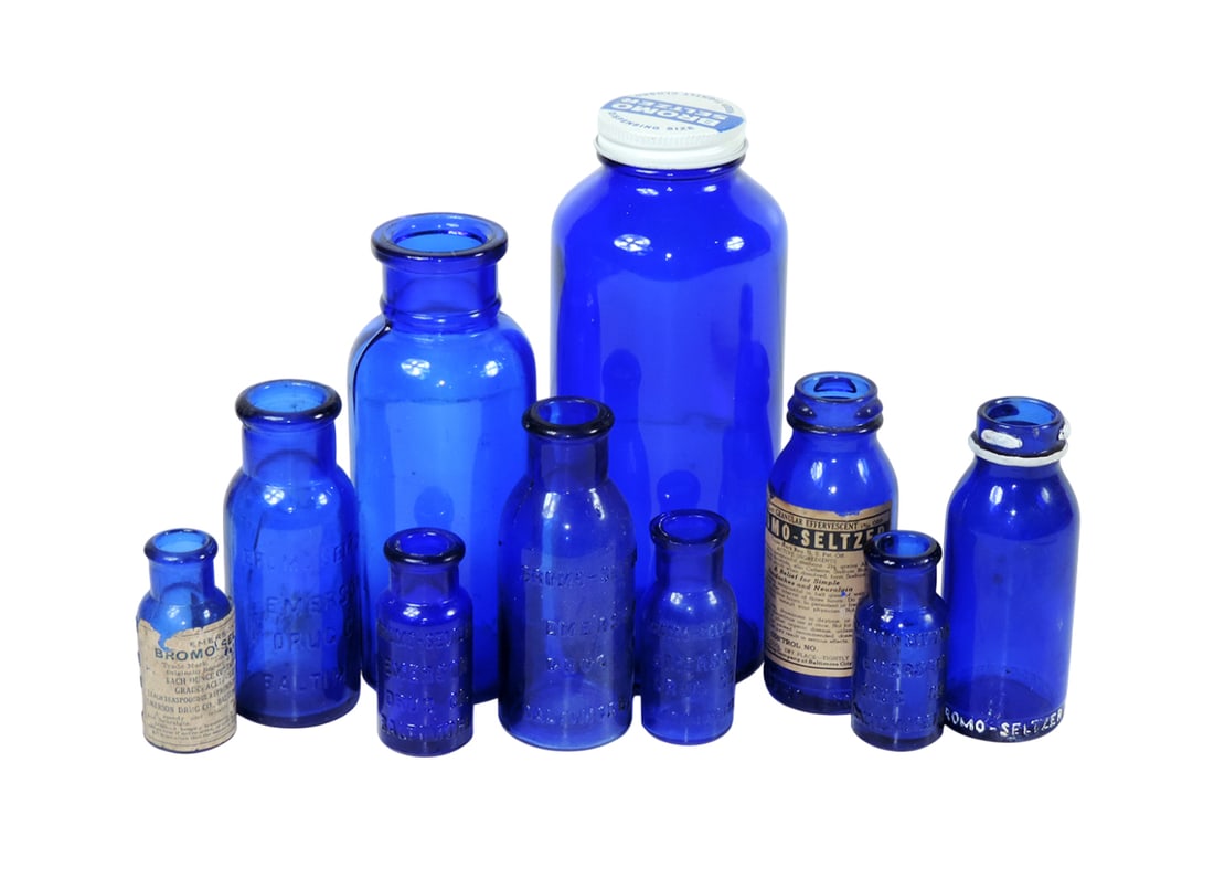 Drug Store Bottles (10), Bromo Seltzer Bottles, cobalt blue, embossed Emerson's Bromo Seltzer, Em... (1 of 1)