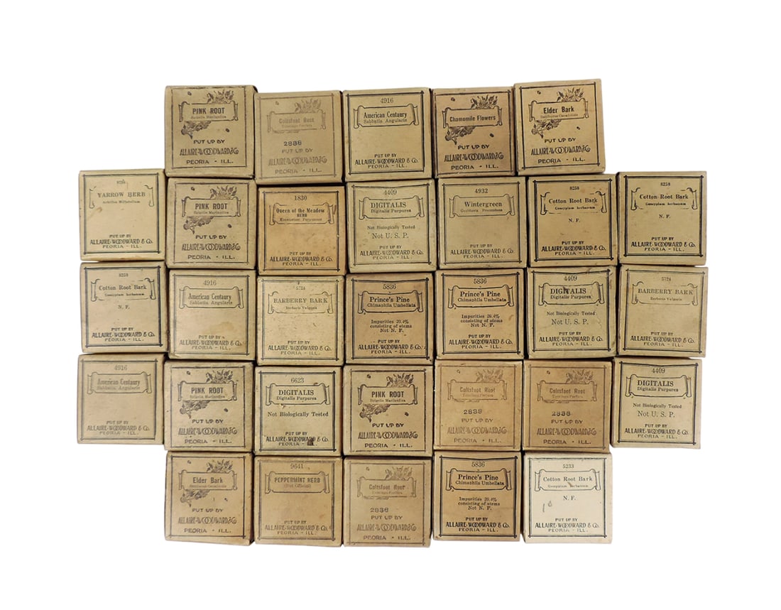 Apothecary Herbs (31), Allaire-Woodward & Co., Peoria, Ill.-USA, Barberry Bark (2), Cotton Root B...: Apothecary Herbs (31), Allaire-Woodward & Co., Peoria, Ill.-USA, Barberry Bark (2), Cotton Root Bark (4), Prince's Pine (3), Coltsfoot Root (4), Pink Root (4), Elder Bark (2), Yarrow Herb, American Ce