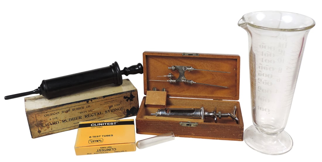Veterinarian Medicine Items (4), Hard Rubber Rectal Syringe, American Hard Rubber Co., 4 oz, Clin...: Veterinarian Medicine Items (4), Hard Rubber Rectal Syringe, American Hard Rubber Co., 4 oz, Clinitest Test Tubes 3 remaining in box of 6, Ames Co., Division of Miles Laboratories, Inc., Elkhart, Indi