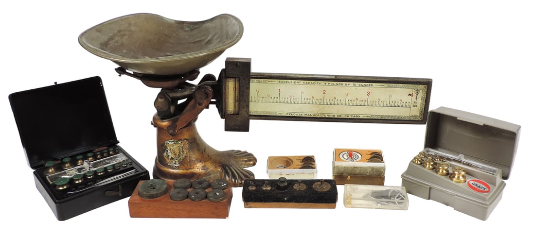 Pelouze Excelsior Candy Scale & Weights (7), Pelouze Mfg Co., Chicago-USA, 4 lb by 1/2 Oz, No. 304, (1 of 1)