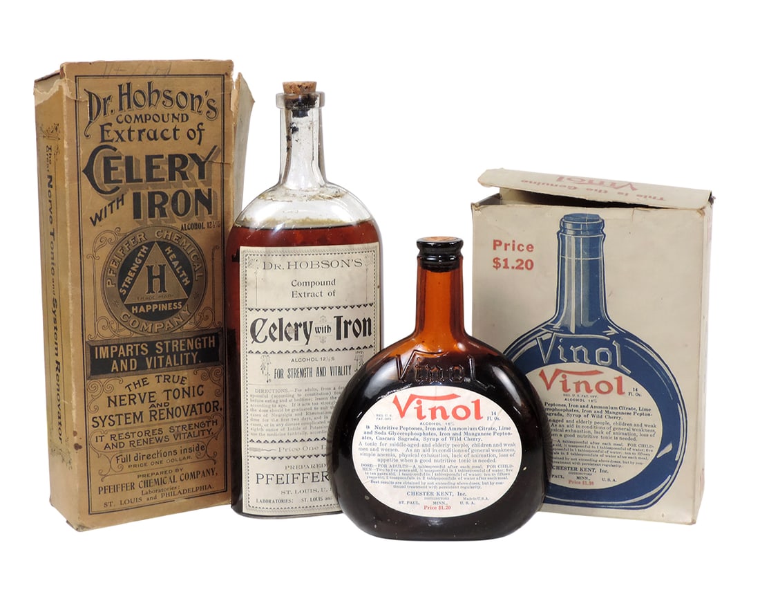 Drug Store Bottles (2), Vinol, The Family Tonic, 16% Alcohol, 14 Fluid Ozs., Chester Kent, Inc., ...: Drug Store Bottles (2), Vinol, The Family Tonic, 16% Alcohol, 14 Fluid Ozs., Chester Kent, Inc., Made in USA, Distributors St. Paul, Minn-USA, REG.US.PAT.OFF & Dr. Hobson's Compound Extract of Celery 