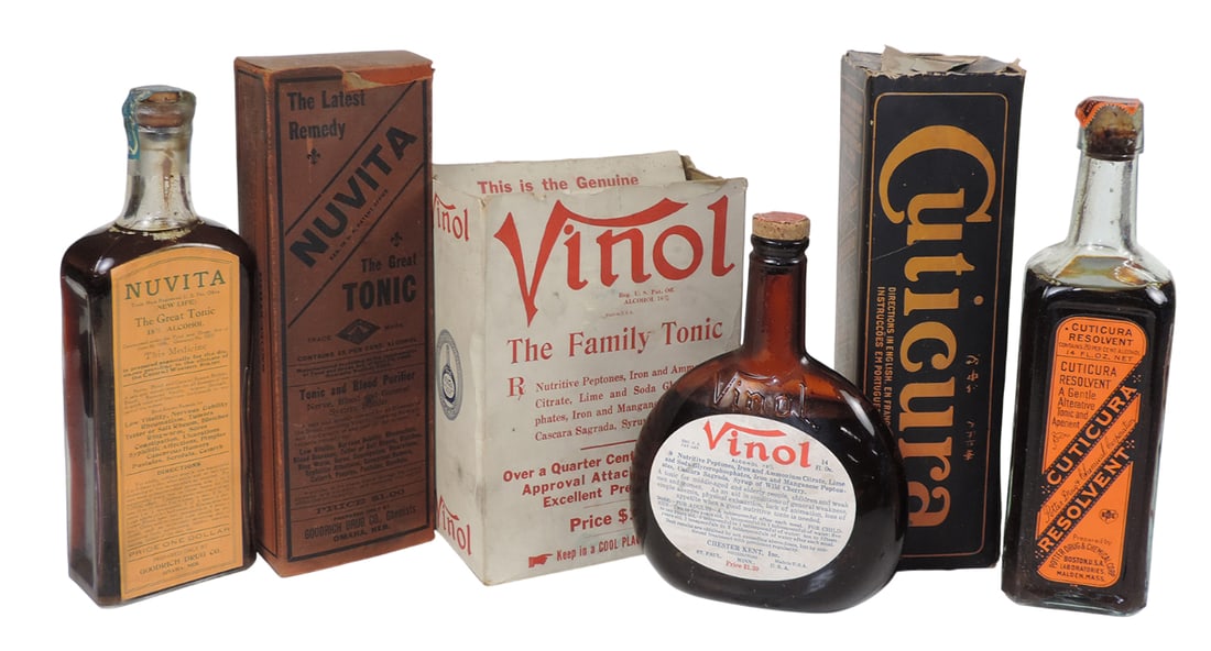 Drug Store Bottles (3), Nuvita, The Great Tonic, 15% Alcohol, Trade Mark REG.US.PAT.OFF, Guaranteed: Drug Store Bottles (3), Nuvita, The Great Tonic, 15% Alcohol, Trade Mark REG.US.PAT.OFF, Guaranteed under the Food and Drug Act, June 30, 1906, Prepared Only by Goodrich Drug Co., Omaha, Neb-USA, Cuti