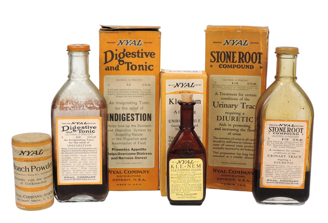 Drug Store Bottles (4), Nyal Digestive and Tonic, Indigestion, 16% Alcohol, 12 Fluid Ozs., D-37, ...: Drug Store Bottles (4), Nyal Digestive and Tonic, Indigestion, 16% Alcohol, 12 Fluid Ozs., D-37, REG.US.PAT.OFF, Nyal Stone Root Compound, Urinary Track requiring a Diuretic, 16% Alcohol, 12 Fluid Ozs