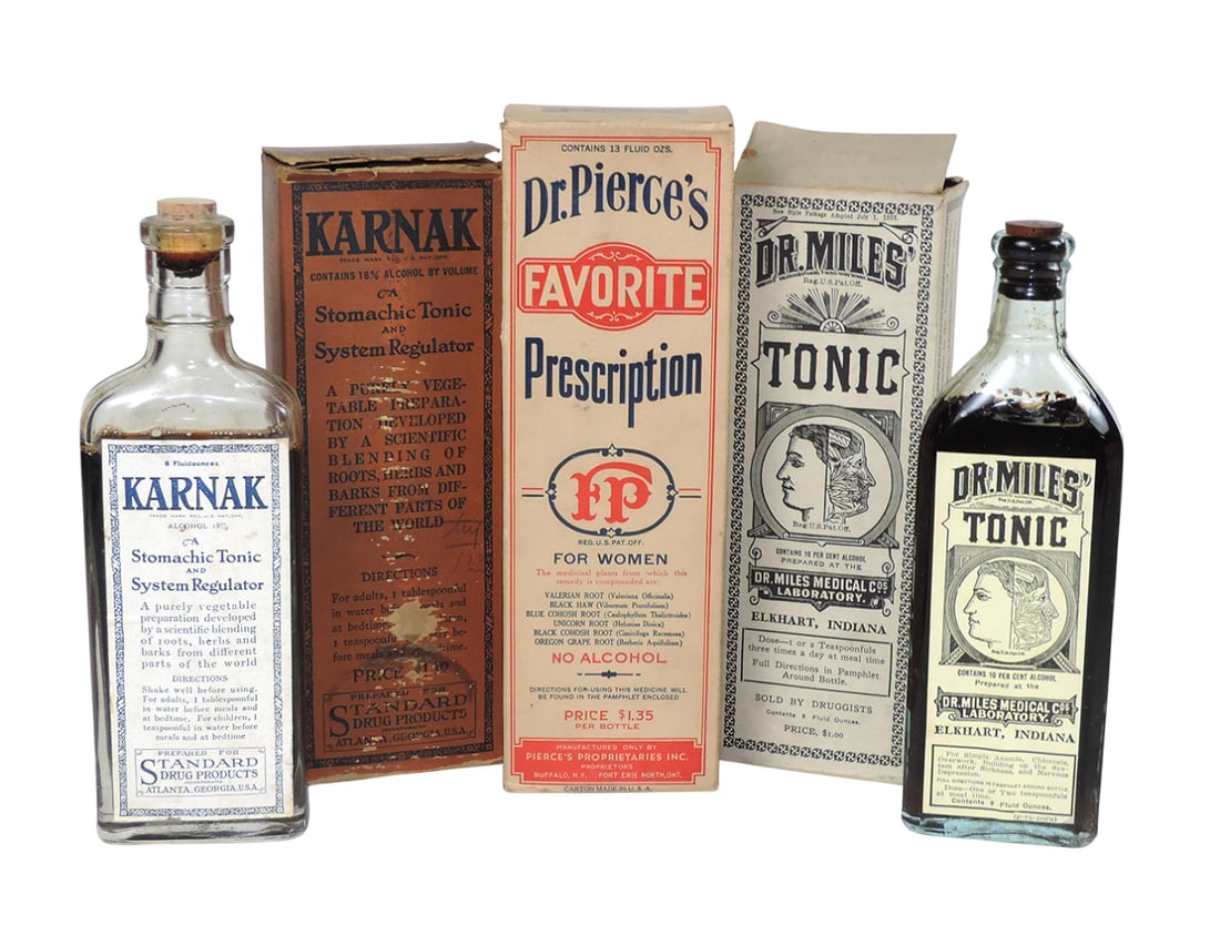 Drug Store Bottles (3), Dr. Miles' Tonic, Dr. Miles Medical Laboratory, Elkhart, Indiana-USA, 10%...: Drug Store Bottles (3), Dr. Miles' Tonic, Dr. Miles Medical Laboratory, Elkhart, Indiana-USA, 10% Alcohol, 8 Fluid Ozs., REG.US.PAT.OFF, Dr. Pierce's Favorite Prescription For Women, Mfg by Pierce's P