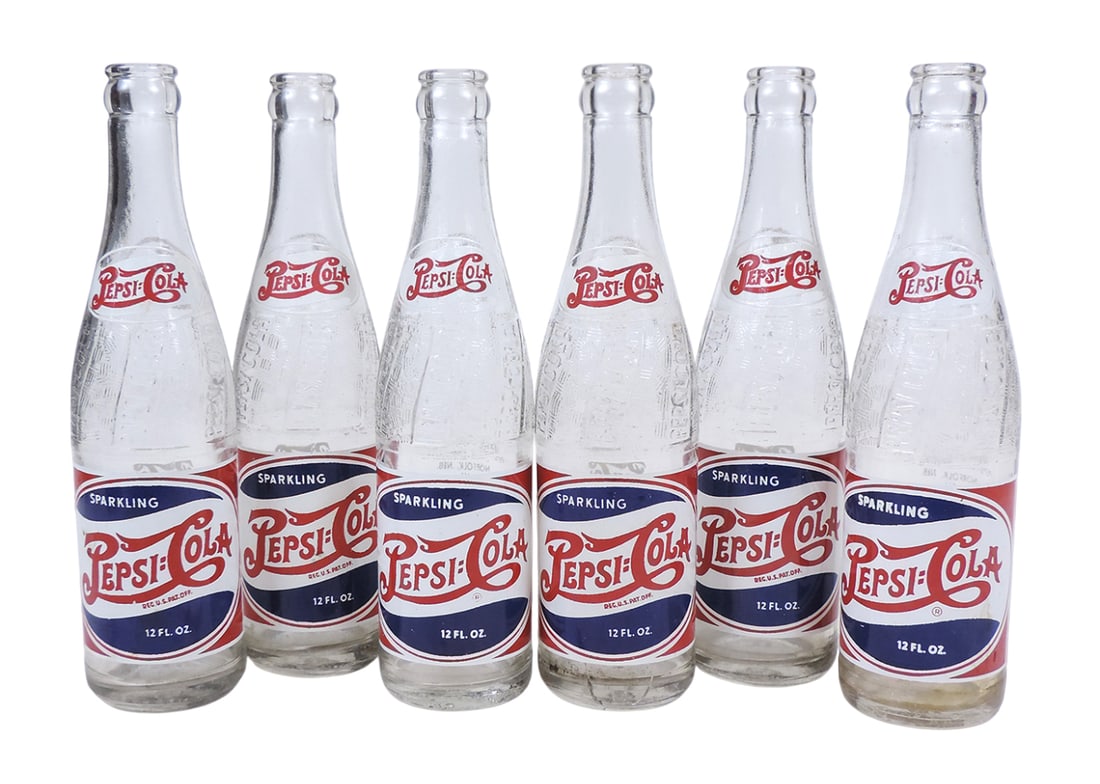 Double Dot Pepsi:Cola Bottles (6), embossed swirl pattern Pepsi Cola, Applied Color Label (ACL), ... (1 of 1)