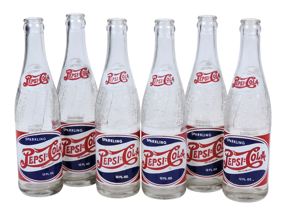 Double Dot Pepsi:Cola Bottles (6), embossed swirl pattern Pepsi Cola, Applied Color Label (ACL), ... (1 of 1)