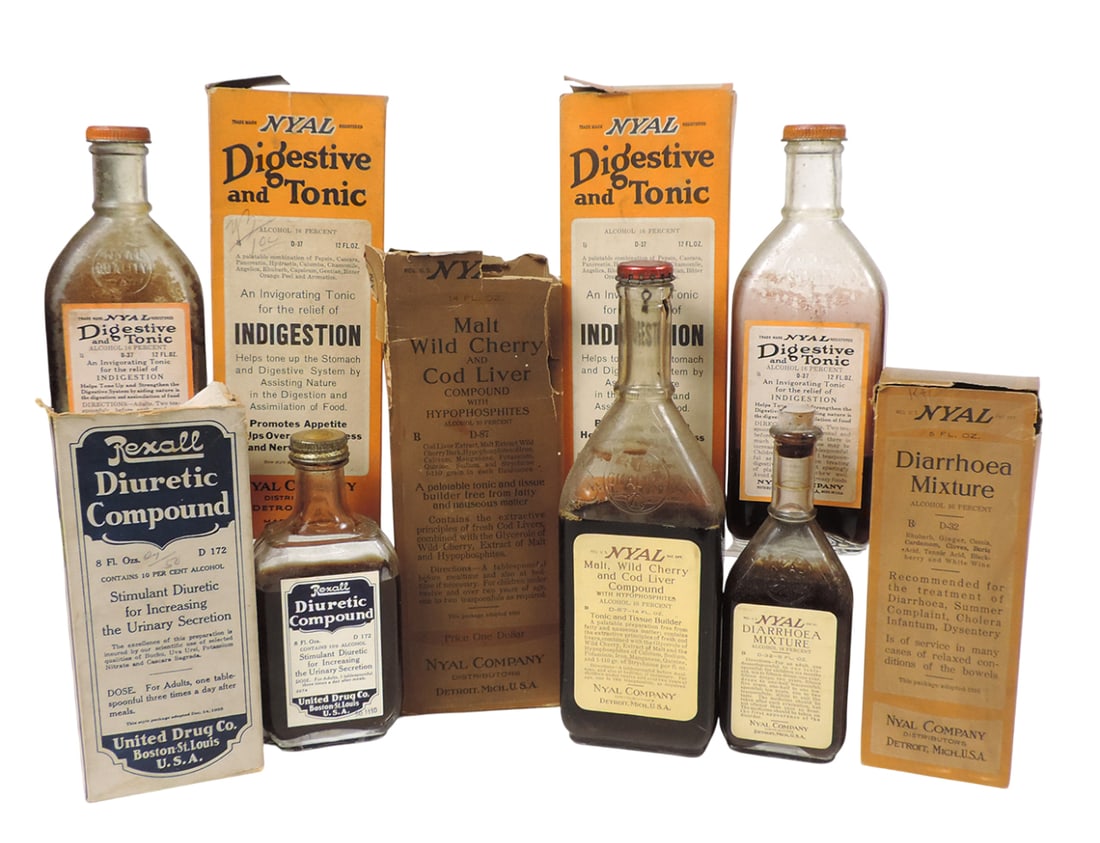 Drug Store Bottles (5), includes Malt Wild Cherry & Cod Liver Compound w/Hypophosphites, 10% Alco... (1 of 1)