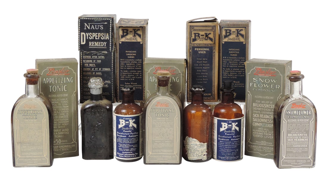 Drug Store Bottles (7), B-K Bacili-Ki (3), REG.U.S.PAT.OFF, Germicidal Agent, Mfg by General Labo...: Drug Store Bottles (7), B-K Bacili-Ki (3), REG.U.S.PAT.OFF, Germicidal Agent, Mfg by General Laboratories, Inc., Madison, Wis-USA, Nau's Dyspepsia Remedy, F. Nau & Co., for diseases of the stomach onl
