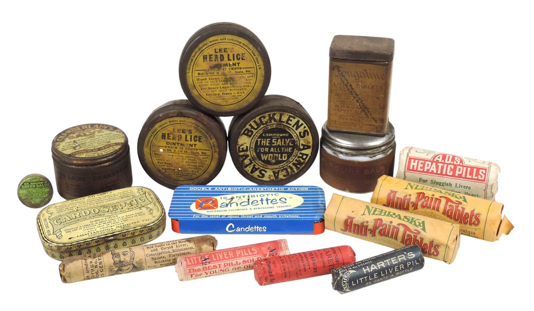 Drug Store Remedies (16), Various salve/pill tins/paper containers, orig paper labels include Car...: Drug Store Remedies (16), Various salve/pill tins/paper containers, orig paper labels include Cardoseptic Tin, Candettes Tin, embossed tin Bucklen's Arnica Compound Salve, Chamberlain's Salve-milk gla