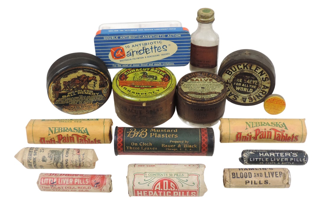 Drug Store Remedies (16), Various salve/pill tins/paper containers, orig paper labels include Can... (1 of 1)