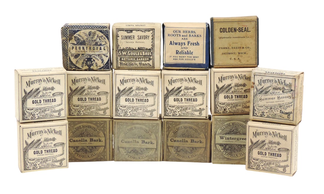 Apothecary Herbs/Plants (16), Gold Thread (7), Summer Savory-Murray & Nickell Mfg Co., Summer Sav...: Apothecary Herbs/Plants (16), Gold Thread (7), Summer Savory-Murray & Nickell Mfg Co., Summer Savory (2)-S.W. Gould & Bros, Canella Bark (2), Wintergreen-Allaire Woodward & Co., Pennyroyal-Huber & Fuh
