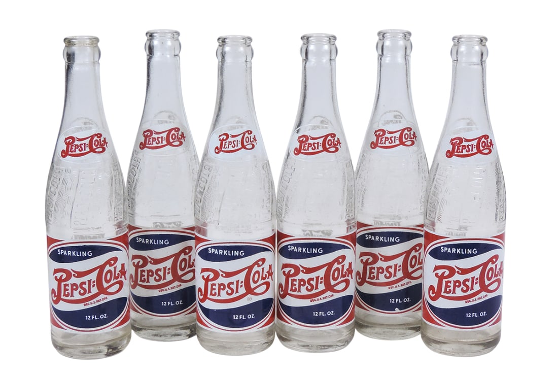 Double Dot Pepsi:Cola Bottles (6), embossed swirl pattern Pepsi Cola, Applied Color Label (ACL), ... (1 of 1)