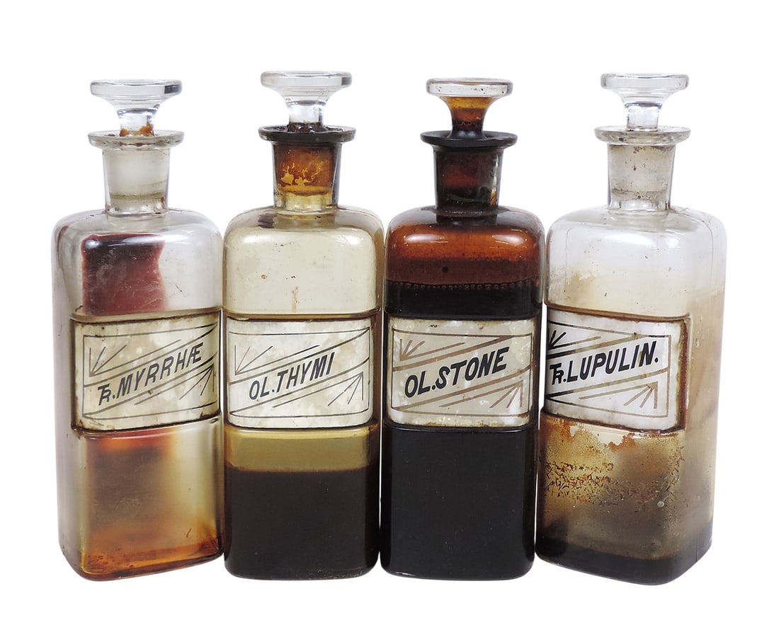 Apothecary Bottles (4), Reverse Glass Label w/stopper, includes Ol.Thymi, Ol.Stone, TR.MyrrhAE, T... (1 of 1)