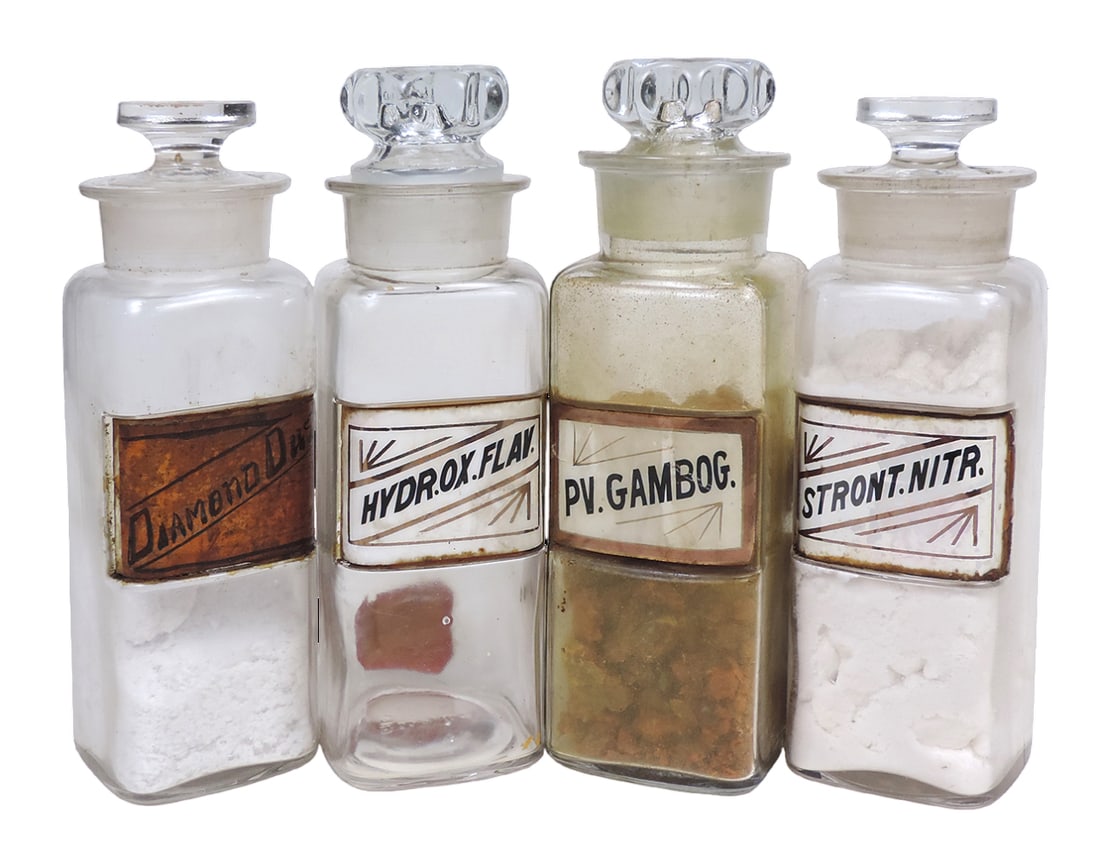 Apothecary Bottles (4), Reverse Glass Label w/stopper, includes Stront.Nitr., PV.Gambog., Diamond... (1 of 1)