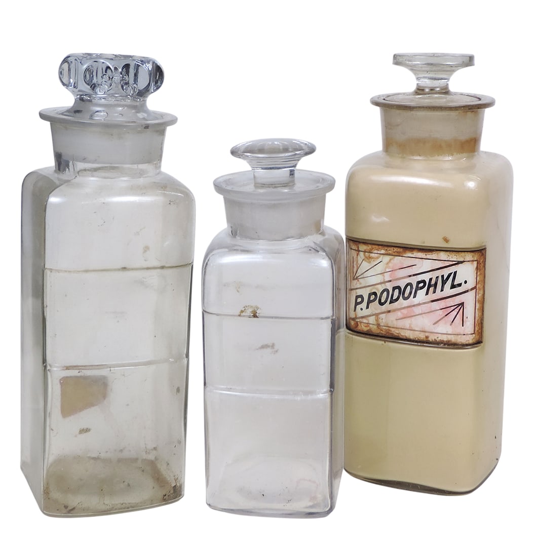 Apothecary Bottles (3), 1 Reverse Glass Label w/stopper, w/product, includes P.Podophyl, stopper ...: Apothecary Bottles (3), 1 Reverse Glass Label w/stopper, w/product, includes P.Podophyl, stopper does not remove, 2 w/o glass label, no product, stoppers do remove, 2 have orig paper label on back, em