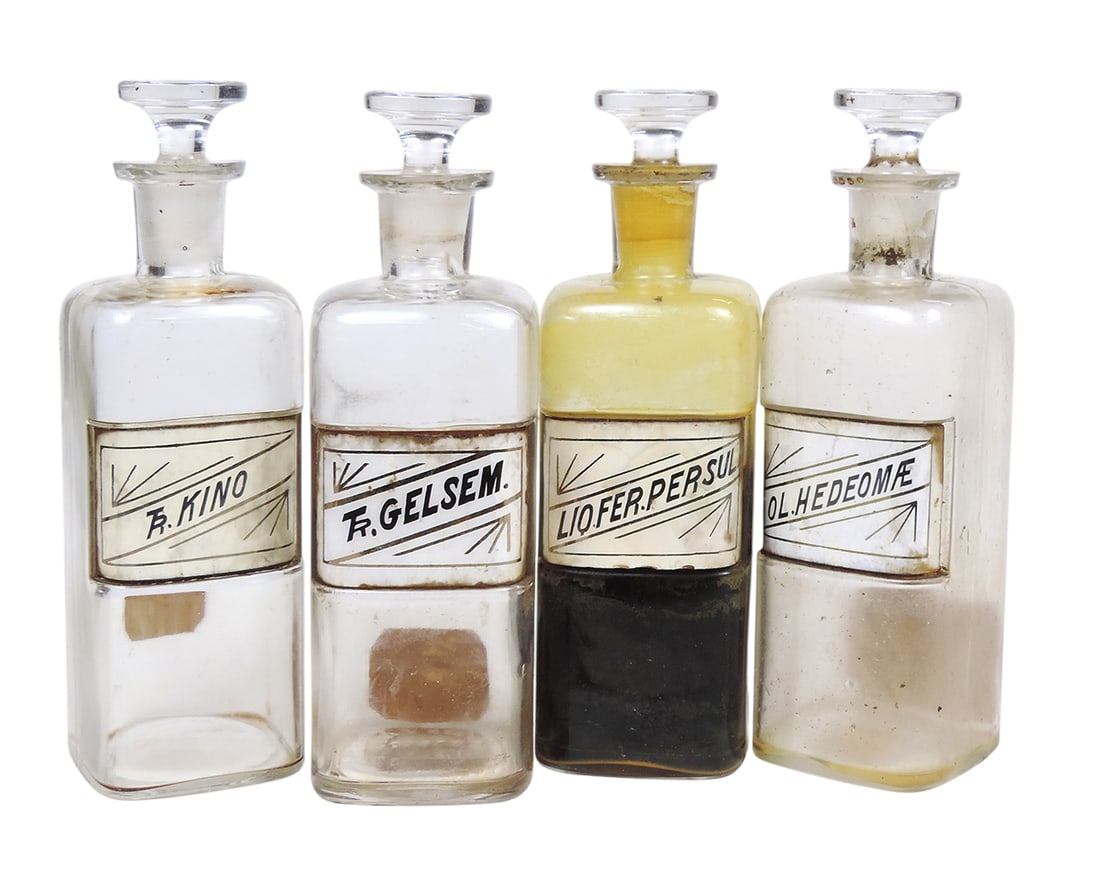 Apothecary Bottles (4), Reverse Glass Label w/stopper, includes Liz.Fer.Persul, Ol.HedeomAE, TR.G... (1 of 1)