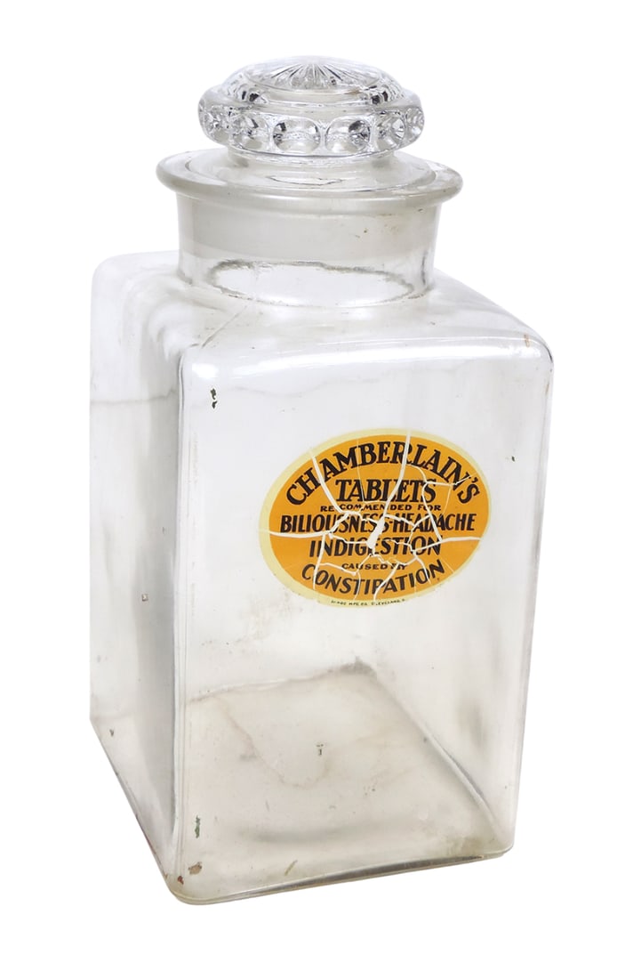 Apothecary Jar, Chamberlain's Tablets, Recommended For Biliousness-Headache, Indigestion Caused b...: Apothecary Jar, Chamberlain's Tablets, Recommended For Biliousness-Headache, Indigestion Caused by Constipation, DI-NOC Mfg. Co., Cleveland, O., clear glass w/label on inside, removable stopper, no cr