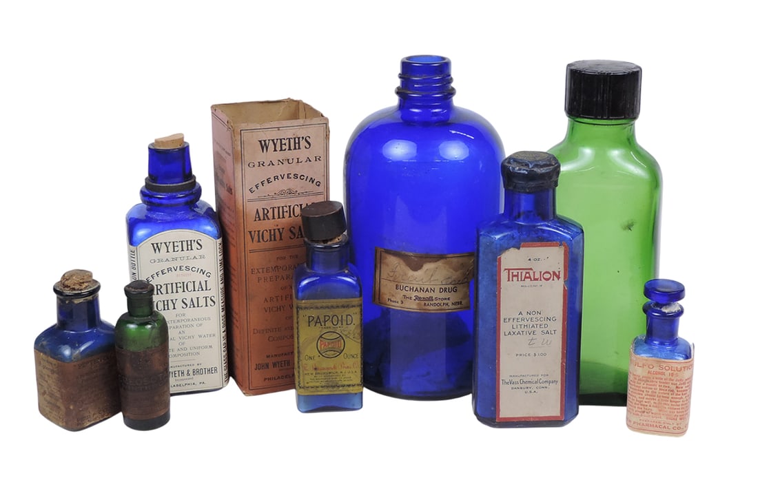 Drug Store Bottles (8), 6 cobalt blue includes Wyeth's Artificial Vichy Salts, Mfg by John Wyeth ... (1 of 1)