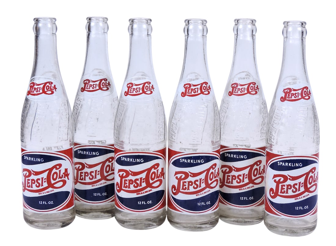 Double Dot Pepsi:Cola Bottles (6), embossed swirl pattern Pepsi Cola, Applied Color Label (ACL), ... (1 of 1)
