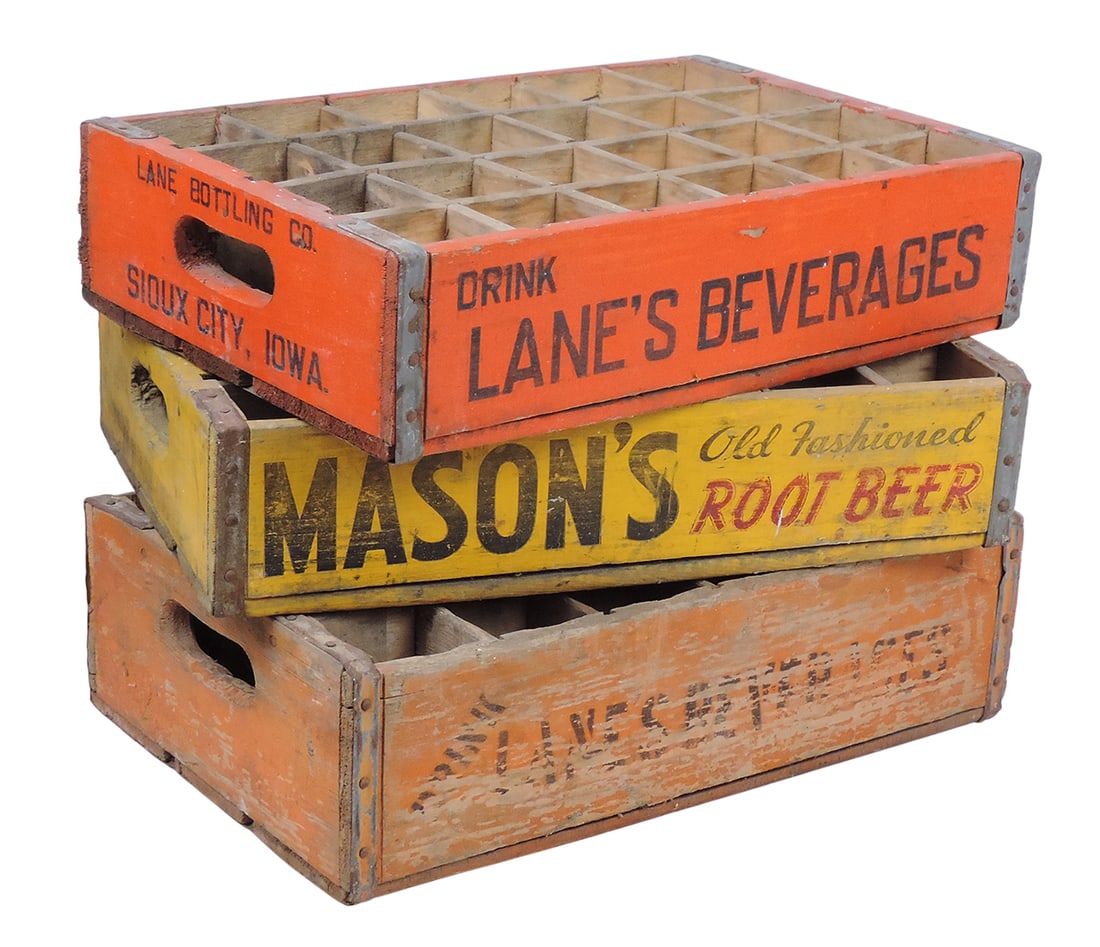 Wooden Bottle Crates (3) Drink Lane's Beverages Crate, orange w/black stencil lettering on side, ... (1 of 2)