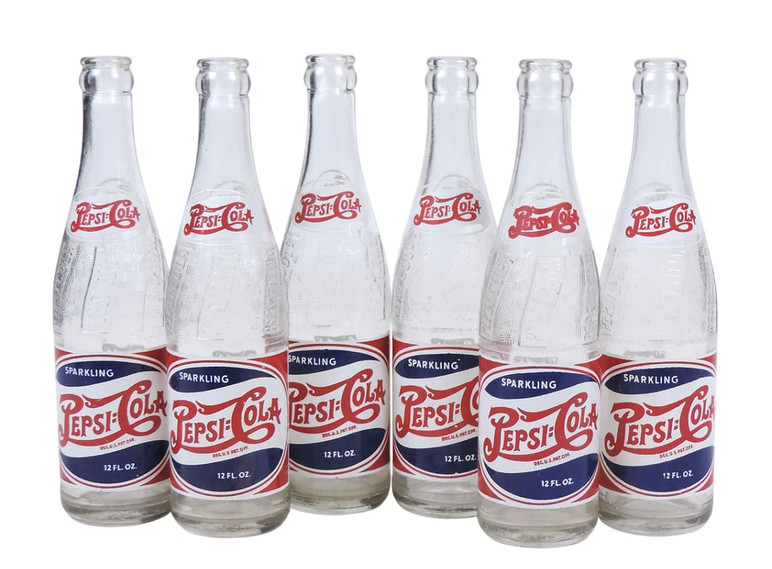 Double Dot Pepsi:Cola Bottles (6), embossed swirl pattern Pepsi Cola, Applied Color Label (ACL), ... (1 of 1)