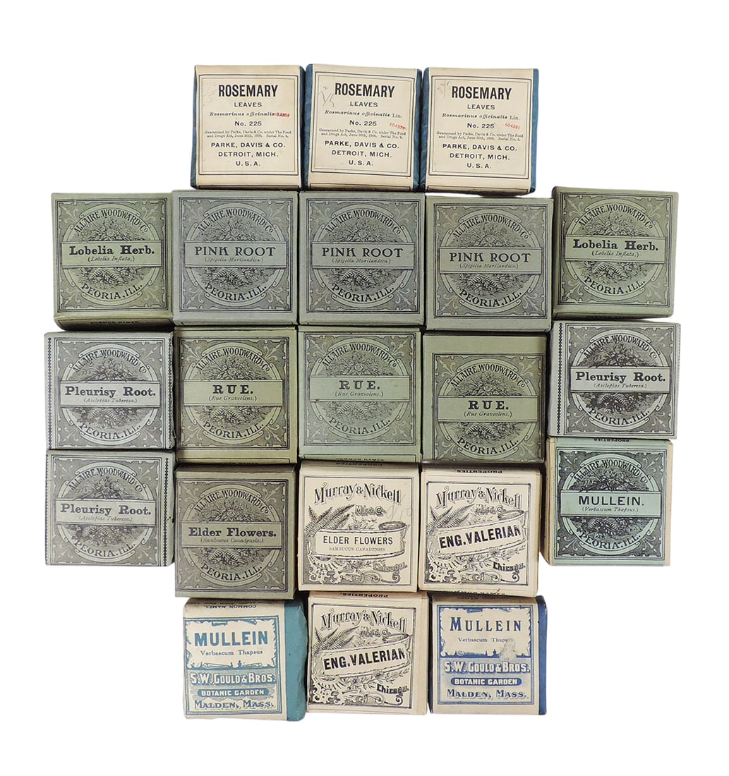 Medicinal Herbs/Plants (21), Pink Root (3), Lobelia Herb (2), RUE (3), Elder Flowers, Pleurisy Root: Medicinal Herbs/Plants (21), Pink Root (3), Lobelia Herb (2), RUE (3), Elder Flowers, Pleurisy Root (3)-Allaire Woodward & Co., Elder Flowers, Eng. Valerian (2)-Murray & Nickell Mfg Co., Rosemary (3)-