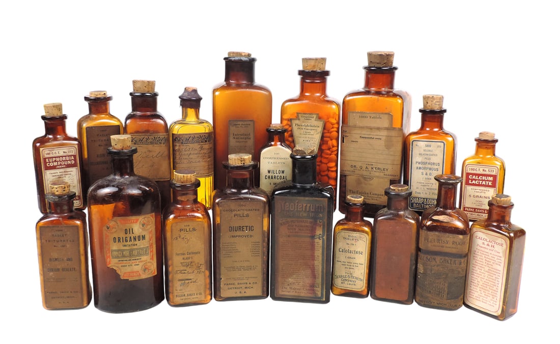 Drug Store Bottles (19), includes Pleurisy Root, Ferrous Carbonate-Nelson, Baker & Co., Willow Ch... (1 of 1)