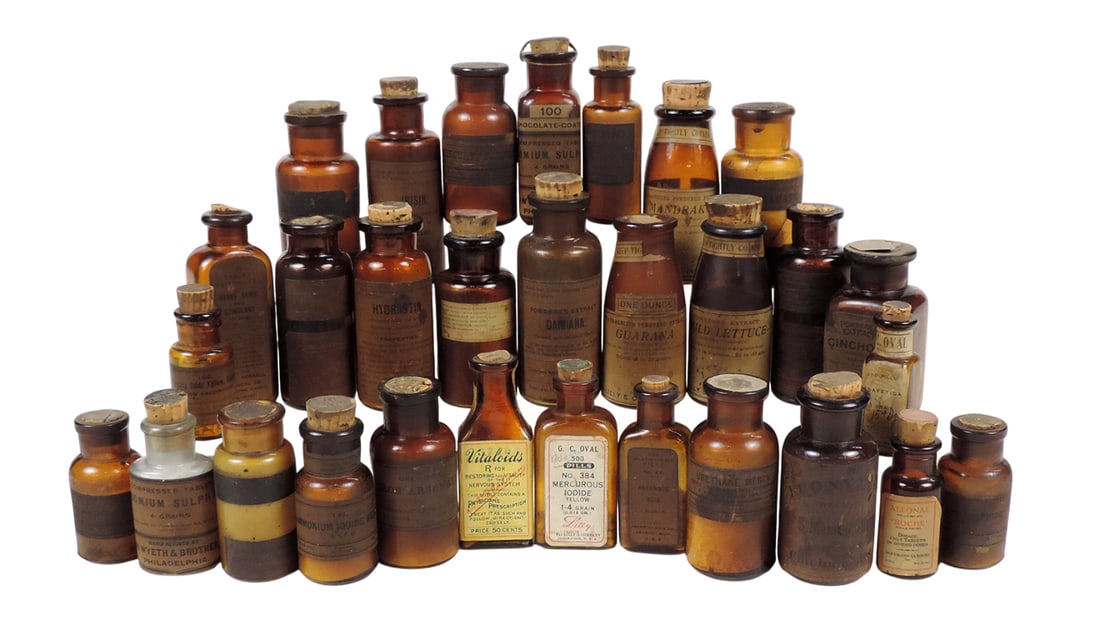 Drug Store Bottles (30), various amber bottles w/orig labels, includes Irisin, No. 384 Mercurous ...: Drug Store Bottles (30), various amber bottles w/orig labels, includes Irisin, No. 384 Mercurous Iodide, Ammonium Iodide Merck, Mercury Subsulph, Arsenous Acid, Urthane Merck, Cinchona, Heart Tonic & 