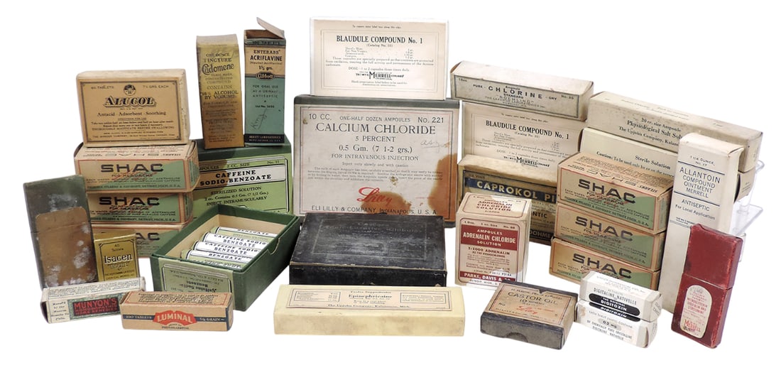 Drug Store Remedies (53), orig boxes, includes the following companies, The Upjohn Company, Shac,...: Drug Store Remedies (53), orig boxes, includes the following companies, The Upjohn Company, Shac, Eli Lilly & Co., Abbott Laboratories, Parke, Davis & Co., The Wm. S. Merrell Co., Sharp & Dohme, Lakes
