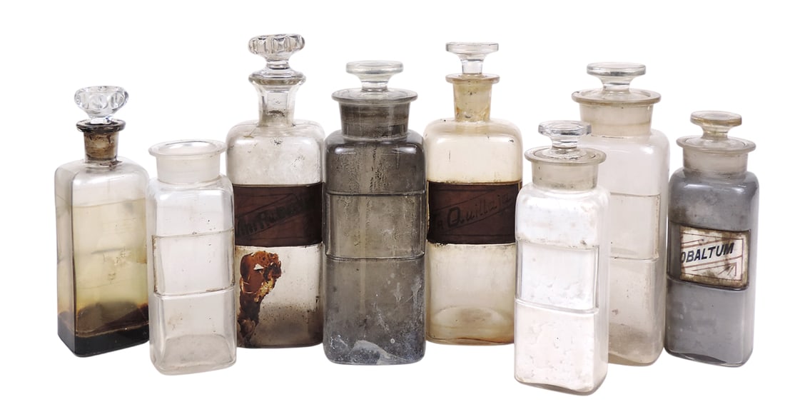 Drug Store Bottles (8), 2 w/reverse glass labels, 1 damaged, 1 w/paper label only, 7 glass stoppe... (1 of 1)