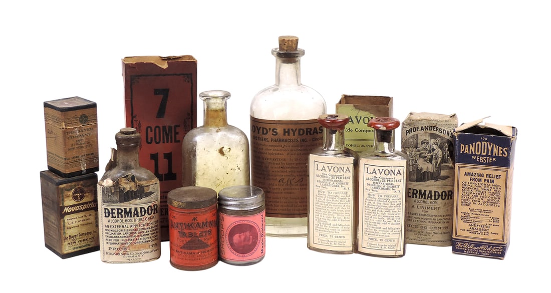 Drug Store Remedies (12), includes Prof. Anderson's Dermador (2), 60% Alcohol, A liniment, D. Ran...: Drug Store Remedies (12), includes Prof. Anderson's Dermador (2), 60% Alcohol, A liniment, D. Ransom, Son & Co., Sole Mfer & Prop's, Buffalo, NY-USA, REG.U.S.PAT.OFF, orig paper label, Lavona (2), 25%