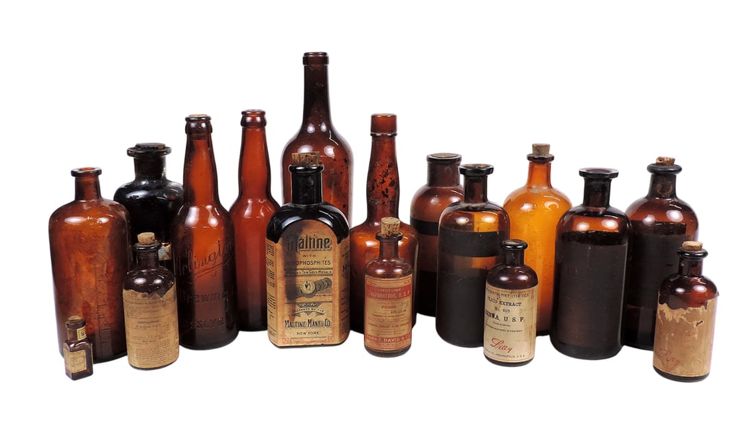 Drug Store/Liquor Bottles (16), includes the following companies, Maltine Man'f'g' Co., Eli Lilly...: Drug Store/Liquor Bottles (16), includes the following companies, Maltine Man'f'g' Co., Eli Lilly Co., Park, David & Co., The Wm. S. Merrell Chemical Co., 2 embossed w/measurement marks, 1 embossed Ar