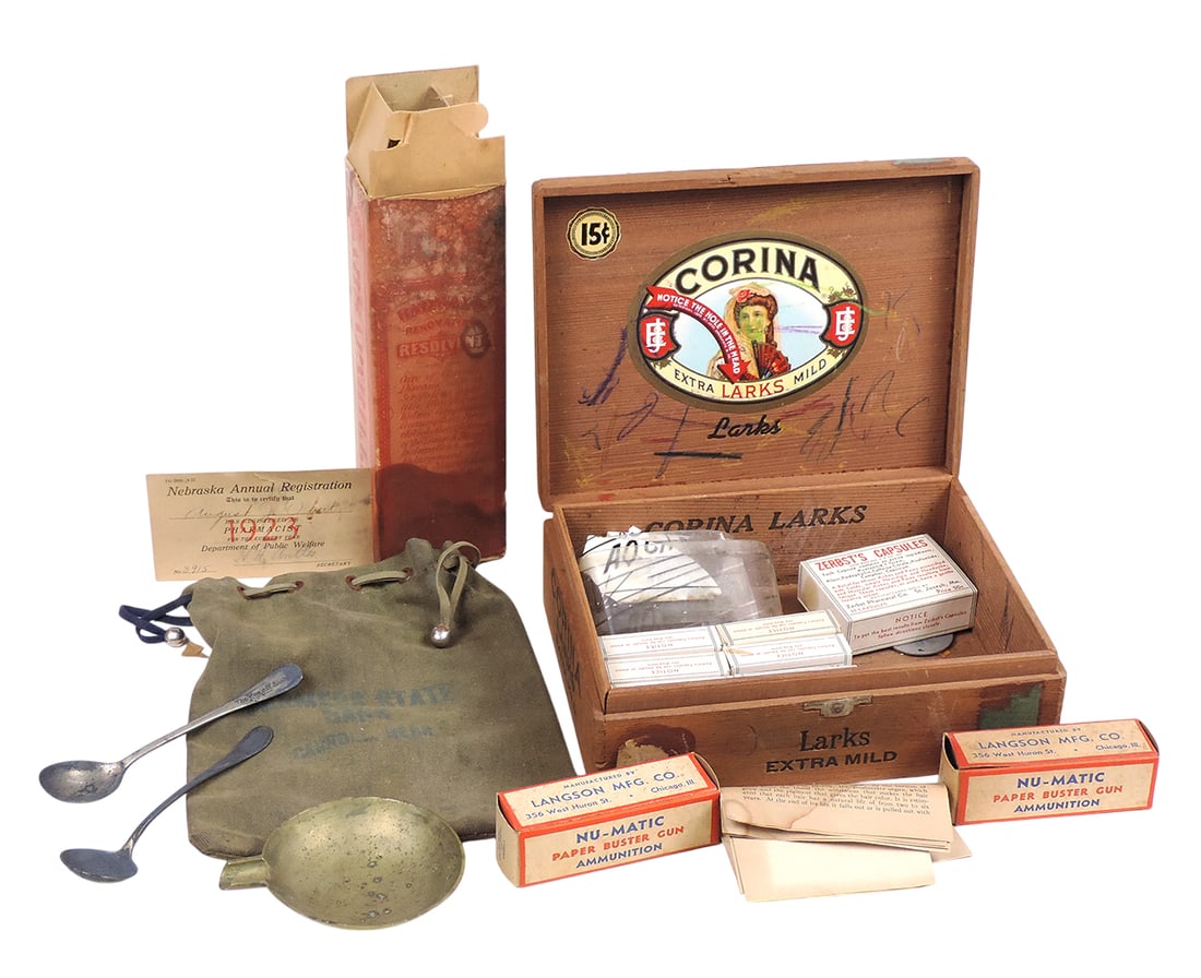 Drug Store/Misc Items include Ammunition for Nu-Matic Paper Buster Gun, Mfg by Langson Mfg Co., C...: Drug Store/Misc Items include Ammunition for Nu-Matic Paper Buster Gun, Mfg by Langson Mfg Co., Chicago-USA (2), Zerbst's Capsules, Mfg by Zerbst Pharmacal Co., St. Joseph, MO-USA (7), reverse glass l