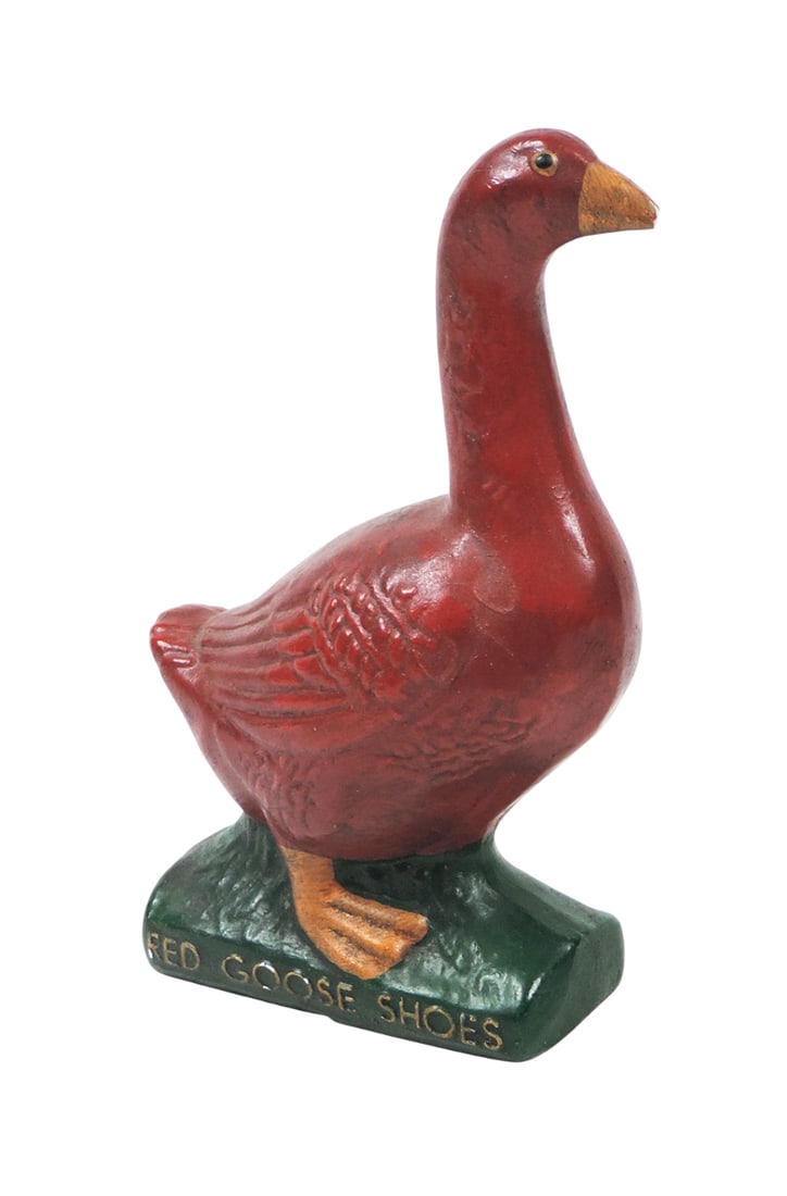 Red Goose Shoes Chalkware Counter Display, chip on beak, Exc cond w/orig paint, H 4.5 in. (1 of 2)