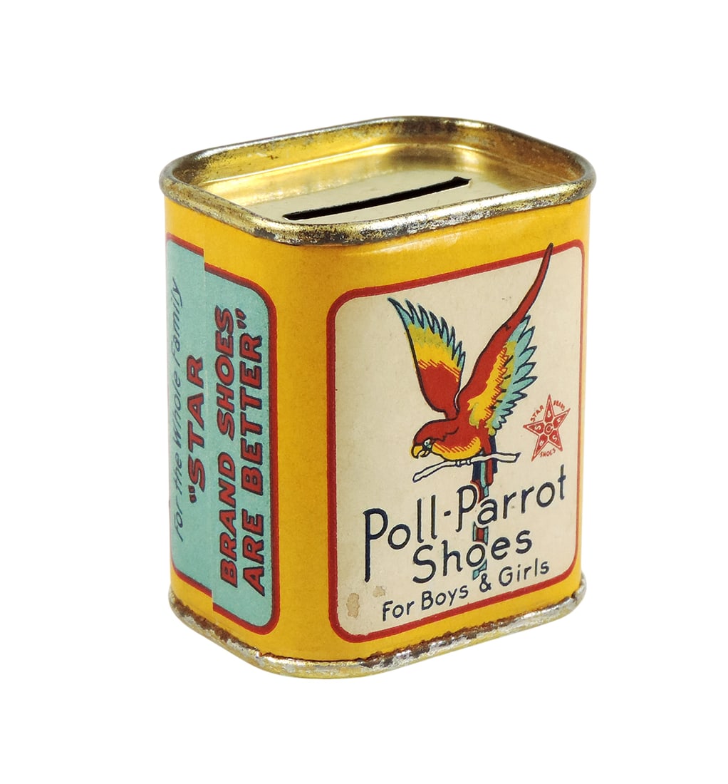 Poll-Parrot Shoes Bank, Star Brand Shoes, tin top/bottom/cardboard cylinder w/paper label, c. mid...: Poll-Parrot Shoes Bank, Star Brand Shoes, tin top/bottom/cardboard cylinder w/paper label, c. mid 1900s, VG cond w/slight wear to label, H 2 in.