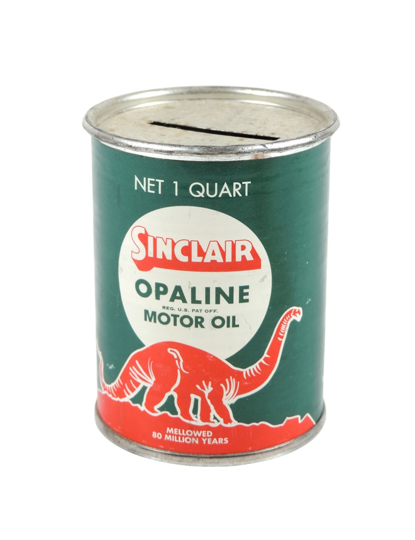 Sinclair Opaline Motor Oil Bank, REG U.S. PAT OFF, tin w/paper label, c. mid 1900s, VG cond w/minor (1 of 2)