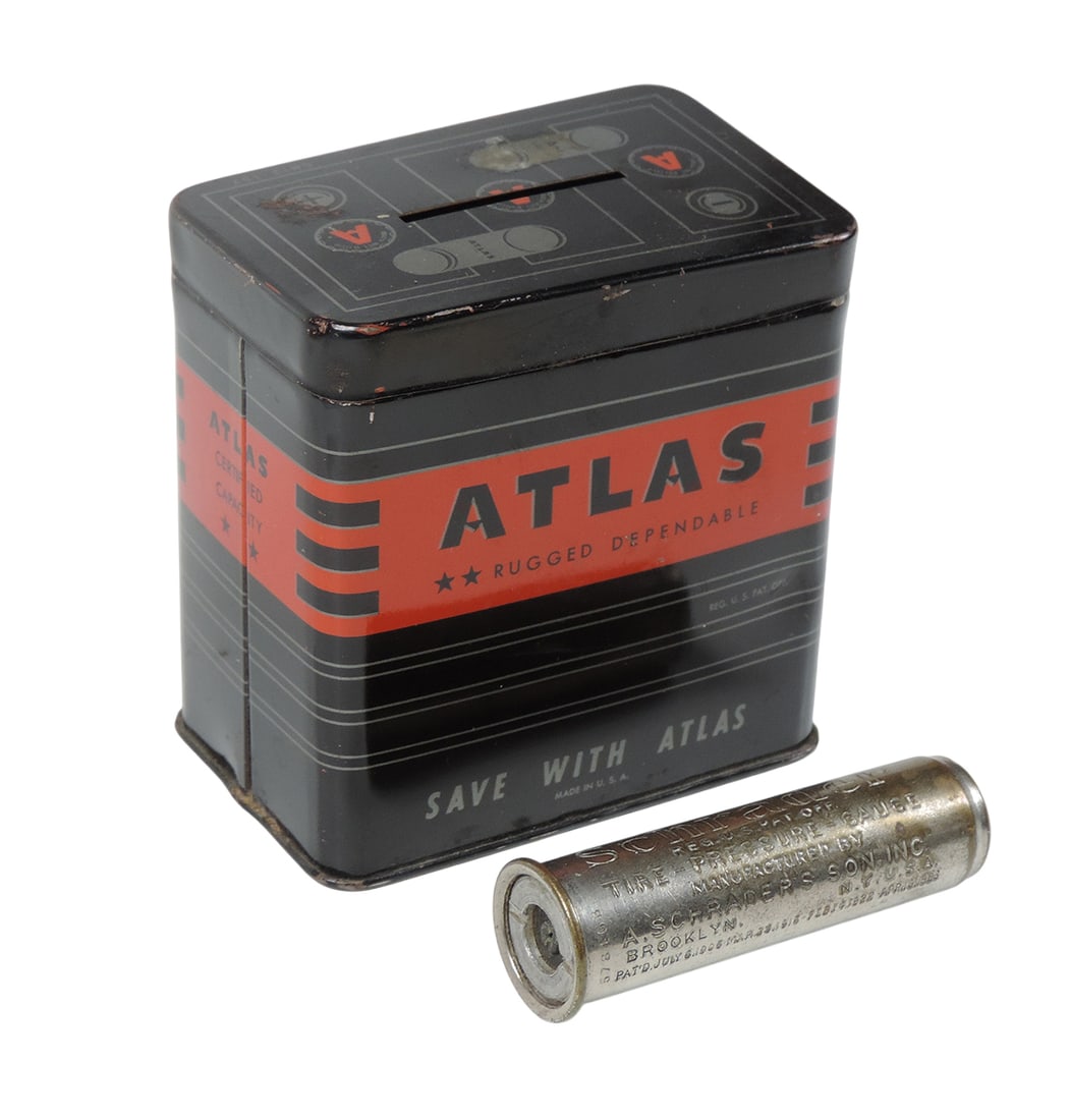 Atlas Battery Bank, litho on tin, c.1950s & Schrader Tire-Pressure-Gauge, Mfg by A. Schrader's Son, (1 of 2)