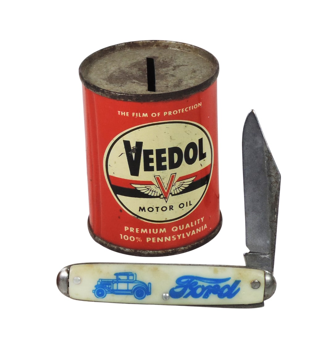 Veedol Motor Oil Bank & Pocket Knife (2), bank is litho on tin & Pocket Knife w/Ford Advertising,... (1 of 2)