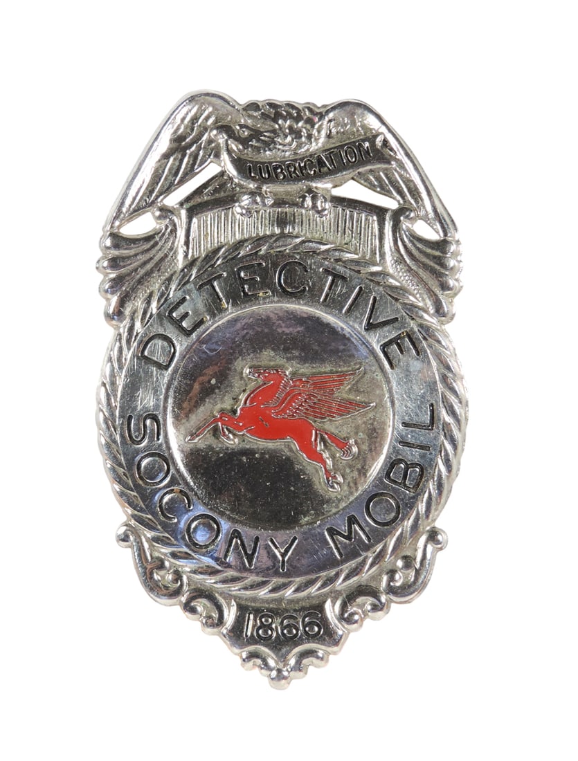 Socony-Mobil Detective Badge, embossed 1866 Lubrication w/Pegasus logo, metal, c. mid 1900s, Exc ...: Socony-Mobil Detective Badge, embossed 1866 Lubrication w/Pegasus logo, metal, c. mid 1900s, Exc cond, H 2.75 in.
