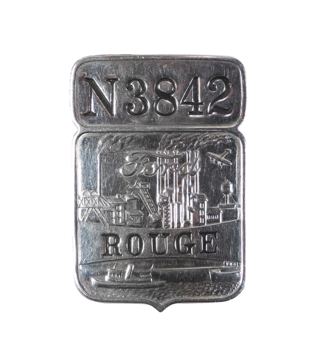 Automotive Ford Rouge Plant Badge, Employee N3842 ROUGE, badge style used from 1938-1966, Exc con...: Automotive Ford Rouge Plant Badge, Employee N3842 ROUGE, badge style used from 1938-1966, Exc cond w/minor age-related wear, H 1.75 in.